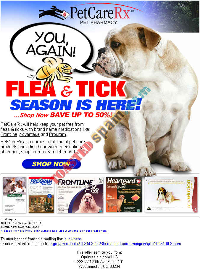 toastedspam.com petcarerx.com 0002 - 2004-09-11	richter optinrealbig.com - mx20251.tt03.com www.petcarerx.com mailto:sales@petcarerx.com 800-884-1427