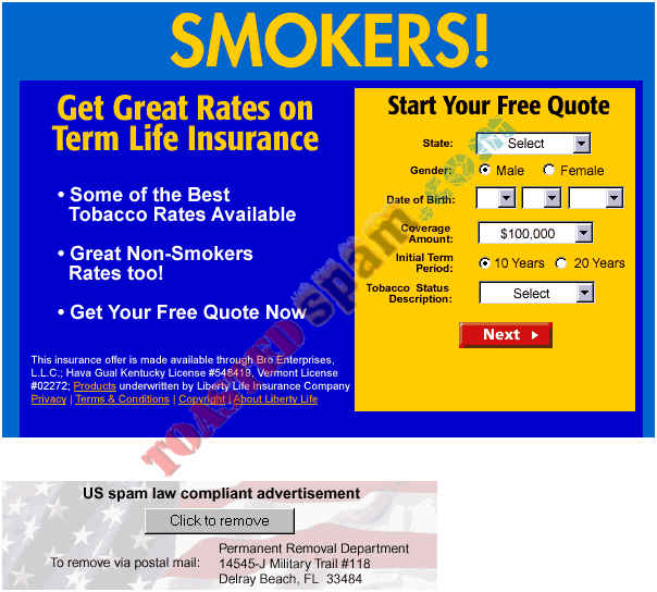 toastedspam.com savquest.com 0005 - 2004-07-25	smokers-insurance.net - life.savquest.com/Q/page/0/-/51/268377 mailto:hostmaster@savquest.com 561-245-1484 domainadmin@thecredogroup.com 609-750-2663